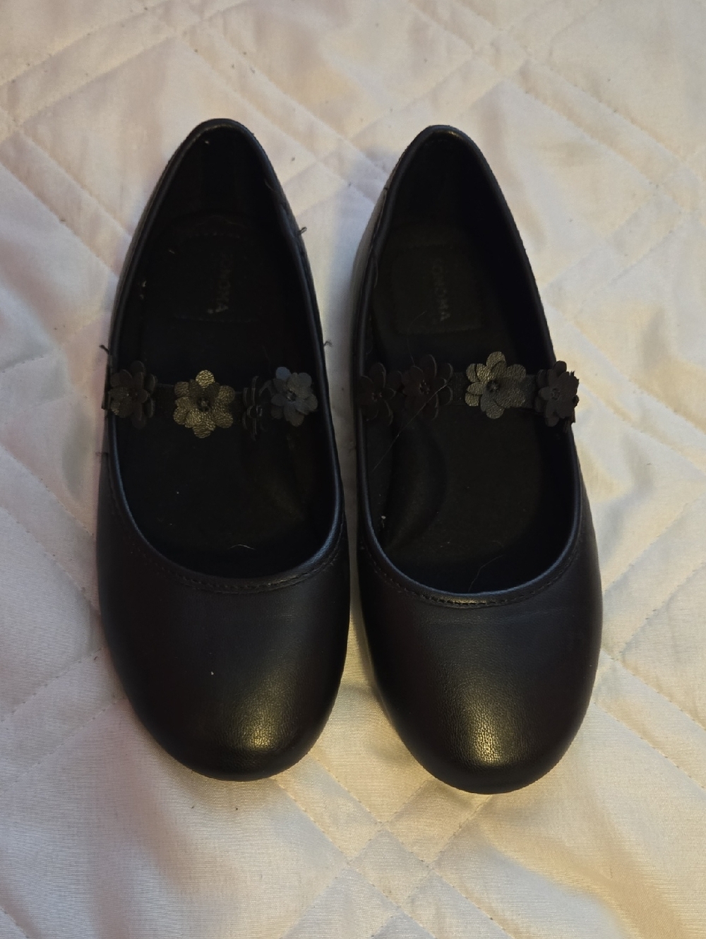 Girls Black Mary Jane Flats with Floral Strap